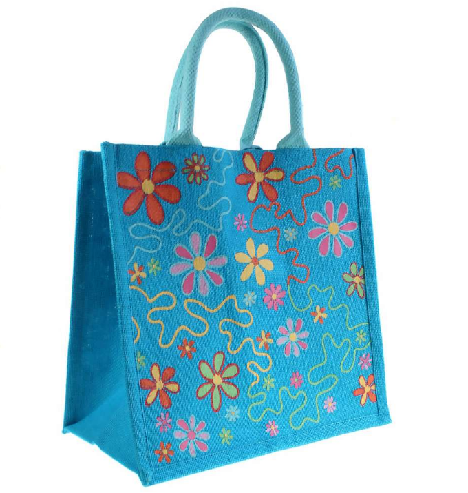 Flowers on Blue Jute Bag